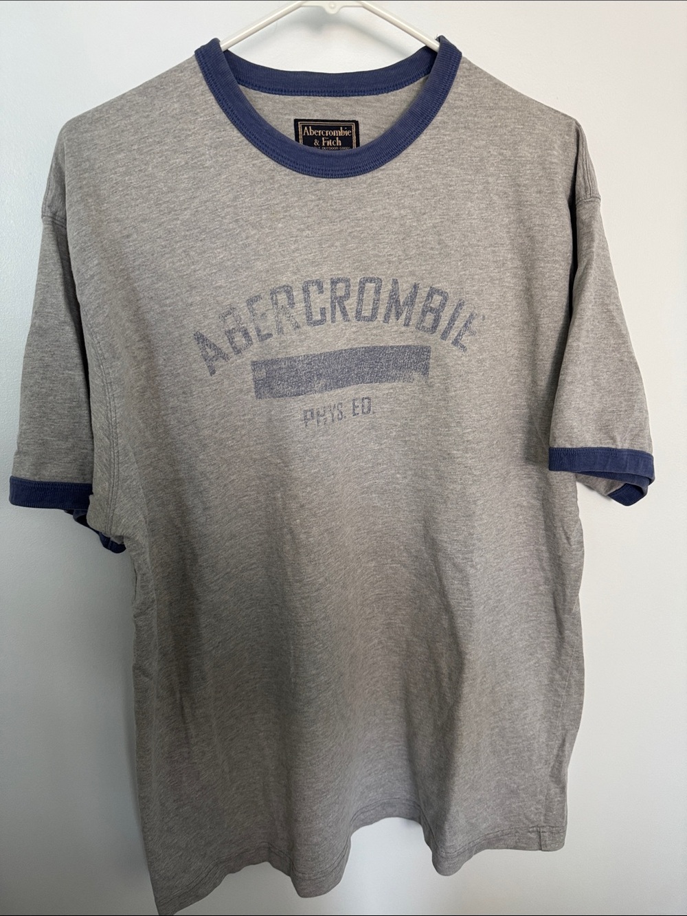 Vintage Y2K Abercrombie & Fitch “Phys. Ed” Ringer Tee Grey with Blue Trim